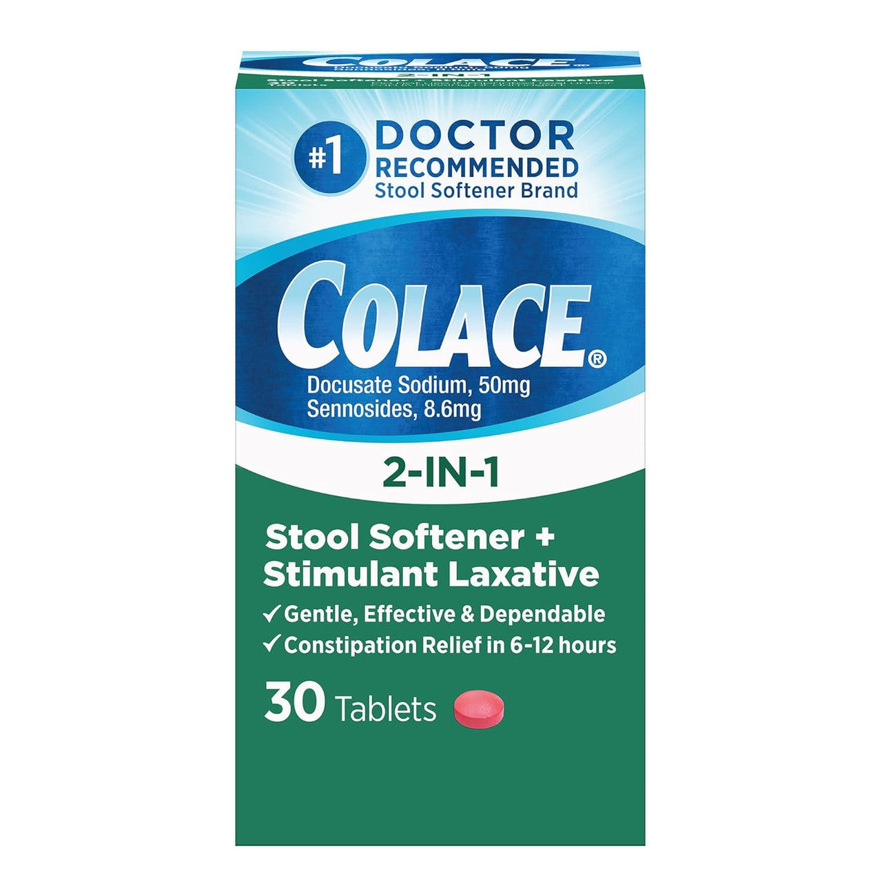 Colace 2 in 1 Stool Softener and Stimulant Laxative Tablets, 30 Ea